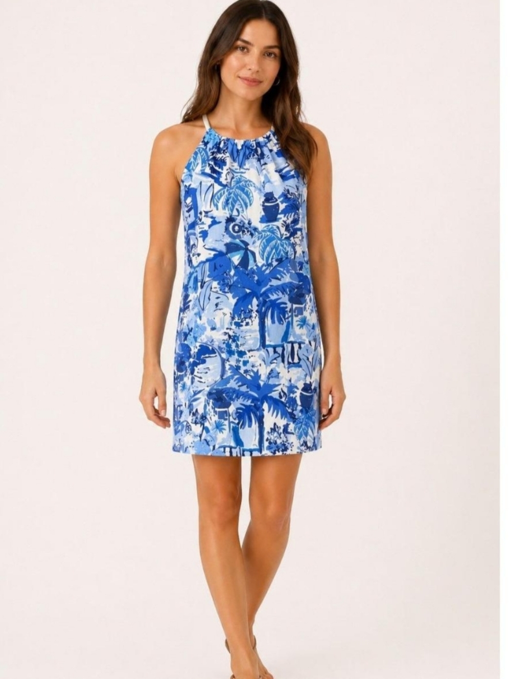 55% Linen 45% Rayon Size 8 London Times Blue Palm Print Sundress